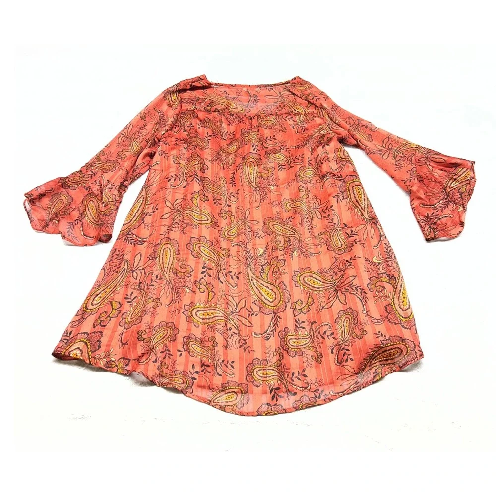 Umgee Womens Dress Medium Rust Orange Paisley Metallic Boho Bell Sleeve - Picture 9 of 12